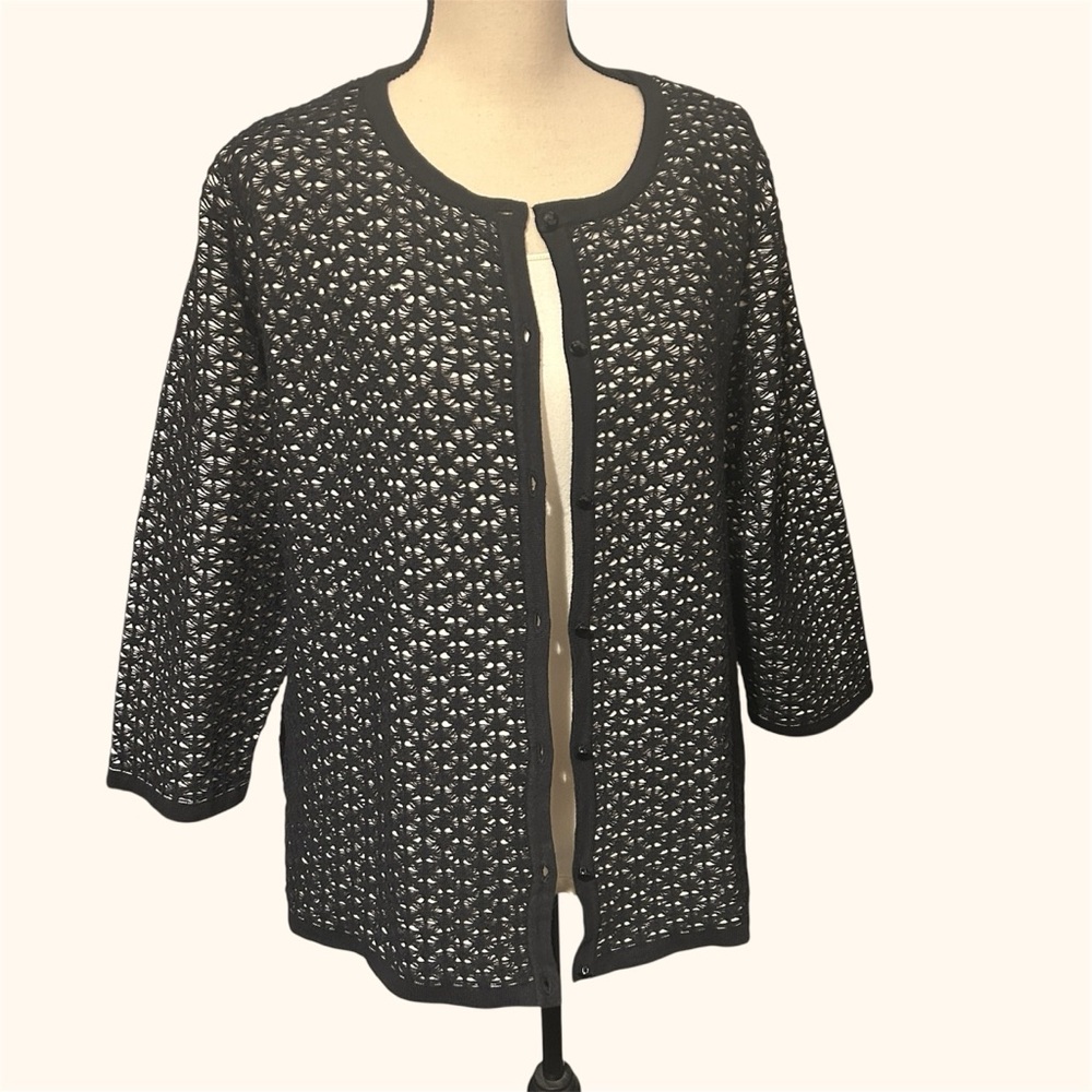Anne Klein Plus Size 3X Open Knit Lace Cardigan Jacket Black Ivory